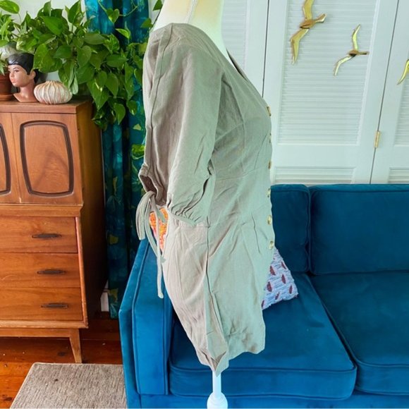 Entro | Sweeter Days Utility Puff Sleeve Retro Button Down Romper Olive Green - Picture 9 of 14